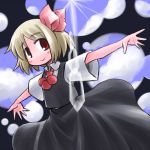  blonde_hair kugelschreiber looking_at_viewer outstretched_arms red_eyes rumia short_hair sky smile solo touhou 