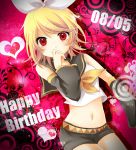  blonde_hair bow covering_mouth crop_top dated detached_sleeves hair_bow hair_ornament hairclip happy_birthday heart ichinose_yukino kagamine_rin midriff navel red_eyes sailor_collar solo vocaloid 