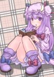  blush book bow crescent hair_bow hat highres long_hair magic_circle open_mouth patchouli_knowledge purple_eyes purple_hair sitting solo takanoru touhou very_long_hair 