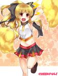  :d blonde_hair blush cheerleader fang female highres long_hair midriff navel open_mouth original paopao pom_poms ponytail red_eyes skirt smile solo star 