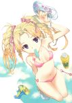  bikini blonde_hair blue_eyes bottle breasts hair_ribbon heart holding kantaro mouth_hold original popsicle ribbon shoes_removed small_breasts solo swimsuit twintails water_gun 