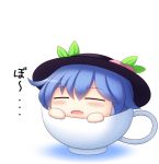  beni_shake blue_hair chibi cup food fruit hat hinanawi_tenshi leaf open_mouth peach short_hair simple_background solo teacup touhou 