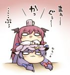  :d bat_wings chibi chibi_on_head chin_rest crescent cup dress_shirt hat head_wings koakuma long_sleeves mug multiple_girls nekoguruma o_o object_on_head open_mouth patchouli_knowledge payot person_on_head purple_hair red_eyes red_hair redhead shirt smile touhou translated translation_request white_shirt wide_face wings 