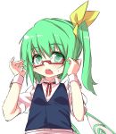  bespectacled blush daiyousei glasses green_eyes green_hair open_mouth shamo_(koumakantv) side_ponytail simple_background solo sweatdrop touhou white_background wings 