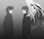  2boys cross cross_necklace dress dual_persona fate/stay_night fate/zero fate_(series) greyscale irisviel_von_einzbern jewelry justeaze_lizrich_von_einzbern kotomine_kirei long_hair monochrome multiple_boys necklace old pallas_kuri young 