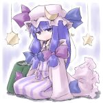  blue_hair crescent hat kugelschreiber long_hair looking_at_viewer patchouli_knowledge purple_eyes sitting solo star touhou violet_eyes 