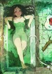  barefoot bath bathtub black_hair branch breasts brown_eyes from_above green highres leaf long_hair nude original partially_submerged radio rough shower_head smile solo sonjow4 water 