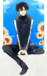  black_eyes black_hair fate/zero fate_(series) flower hoodie male matou_kariya short_hair solo sunflower wa_ga_ne 