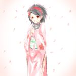  aerlai alternate_hairstyle black_hair brown_eyes flower hair_flower hair_ornament hair_up hairband highres japanese_clothes kimono momohime obi oboro_muramasa petals side_slit solo 