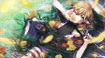  blonde_hair flower green_eyes lion_nicole mizuhashi_parsee partially_submerged petals pointy_ears rose short_hair skirt solo touhou water yellow_rose 