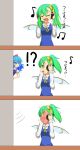  2girls 3koma :3 around_corner blue_dress blue_hair blush bow cato_(monocatienus) cirno closed_eyes comic daiyousei dress embarrassed eyes_closed fairy_wings full-face_blush green_eyes green_hair hair_bow hair_ribbon hands_on_headphones headphones highres long_sleeves looking_at_another monocatienus motion_lines multiple_girls musical_note puffy_sleeves ribbon shaded_face short_sleeves side_ponytail singing touhou translation_request trembling truth wavy_mouth wings 