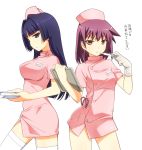  2girls alternate_costume blue_eyes blue_hair garter_straps gloves hat hirose_sumire long_hair miyanaga_teru multiple_girls nurse nurse_cap pink_hair red_eyes saki saki_achiga-hen short_hair simple_background thermometer thigh-highs tray umekichi white_background white_gloves 