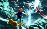  1boy backwards_hat baseball_cap bird child commentary creature fingerless_gloves flying gloves grass hat highres jeans on_side outdoors outstretched_arms pikachu pokemon pokemon_(anime) pokemon_(creature) sa-dui satoshi_(pokemon) spearow spread_arms thunder tree 