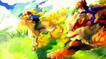  2boys arcanine baseball_cap black_hair brown_eyes brown_hair child cloud clouds commentary creature fangs fiery_hair fiery_tail hat highres horn horse jeans long_sleeves male multiple_boys nature ookido_shigeru open_mouth outdoors pokemon pokemon_(anime) pokemon_(creature) racing rapidash running sa-dui satoshi_(pokemon) shoes short_sleeves 