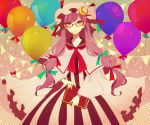  balloon bespectacled book capelet crescent dress earrings glasses hair_ribbon hat jewelry long_hair long_sleeves neckerchief neko-san_(dim.dream) patchouli_knowledge purple_eyes purple_hair ribbon solo striped striped_dress touhou violet_eyes wide_sleeves 