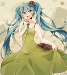  :d aqua_eyes aqua_hair bare_shoulders dress flower frilled_dress frills green_dress hair_flower hair_ornament hatsune_miku head_tilt highres kochira_koufuku_anshin_iinkai_desu_(vocaloid) long_hair microphone microphone_stand open_mouth skirt_hold smile solo this_is_the_happiness_and_peace_of_mind_committee_(vocaloid) twintails very_long_hair vintage_microphone vocaloid 