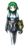  1girl absurdres android arma_(recettear) elbow_gloves facial_mark forehead_mark gloves green_hair hairband highres itsnotfilia long_hair mechanical_arm midriff pantyhose recettear solo yellow_eyes 