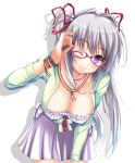  ;) adjusting_glasses bat_rockers bent_over breasts cleavage dice glasses hair_cubes hair_intakes hair_ornament hair_ribbon jewelry large_breasts lavender_hair long_hair mijinko_(b@d_luckers) no_bra original pendant purple_eyes ribbon semi-rimless_glasses silver_hair simple_background skirt smile solo twintails under-rim_glasses violet_eyes watch white_background wink wristwatch 