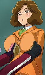  blazer blush breast_press breasts brown_eyes brown_hair formal from_below glasses gloves haruyama horike_sensei_(smile_precure) necktie precure smile_precure! suit track_suit 