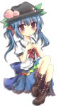  alternate_hairstyle blue_hair blush bow cross-laced_footwear food frills fruit hat hinanawi_tenshi leaf open_mouth peach red_eyes remon_(t_drop) short_sleeves simple_background solo touhou twintails 