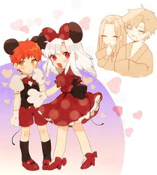  2girls ^_^ animal_ears bad_id brother_and_sister closed_eyes cosplay disney dress emiya_kiritsugu emiya_shirou eyes_closed family fate/zero fate_(series) father_and_daughter father_and_son ghost gloves illyasviel_von_einzbern irisviel_von_einzbern long_hair mickey_mouse mickey_mouse_(cosplay) minnie_mouse minnie_mouse_(cosplay) miyako_(xxxbibit) mother_and_daughter mother_and_son mouse_ears multiple_boys multiple_girls orange_hair puffy_sleeves red_eyes shorts siblings white_gloves white_hair yellow_eyes 