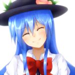 blue_hair blush bow closed_eyes eyes_closed food frills fruit hat head_tilt hinanawi_tenshi leaf long_hair open_mouth pandora-ex peach short_sleeves simple_background skirt smile solo sword sword_of_hisou touhou very_long_hair weapon yellow_eyes
