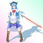 alternate_breast_size blue_hair blush bow cross-laced_footwear food fruit hat hinanawi_tenshi leaf long_hair peach red_eyes rock_(4koma) short_sleeves simple_background solo sword sword_of_hisou touhou very_long_hair weapon 