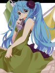  aqua_eyes aqua_hair bare_shoulders bow dress flag flower frilled_dress frills green_dress hair_flower hair_ornament hatsune_miku highres kochira_koufuku_anshin_iinkai_desu_(vocaloid) long_hair microphone microphone_stand open_mouth skirt_hold solo this_is_the_happiness_and_peace_of_mind_committee_(vocaloid) twintails uryu very_long_hair vintage_microphone vocaloid 