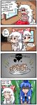  4koma blue_hair blush_stickers bow cigarette_butt comic drawfag finnish fujiwara_no_mokou hair_bow hat heart kamishirasawa_keine long_hair messy_hair multiple_girls panicking red_eyes setz spoken_heart touhou translated white_hair 