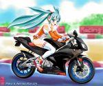  aqua_hair blue_eyes elbow_gloves gloves hatsune_miku headphones maira_gen motor_vehicle motorcycle riding smile thigh-highs thighhighs twintails vehicle vocaloid 