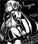  1girl ao_ebi arm_warmers asagumo_(kantai_collection) ascot black_background character_name collared_shirt cowboy_shot hair_ribbon kantai_collection machinery miniskirt monochrome pleated_skirt ribbon school_uniform skirt solo suspenders twintails twitter_username 