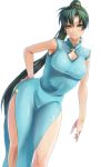  :3 adapted_costume aqua_eyes blush breasts china_dress chinese_clothes cleavage cleavage_cutout curvy earrings female fire_emblem fire_emblem:_rekka_no_ken green_hair hair_tie hairband hand_on_hip hips jewelry long_hair lyndis_(fire_emblem) ponytail shinon_(tokage_shuryou) side_slit simple_background solo very_long_hair white_background 