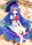  blue_hair blush bow character_name food fruit hat hat_removed headwear_removed hinanawi_tenshi leaf long_hair long_skirt peach pochi07 short_sleeves skirt smile solo sword sword_of_hisou touhou very_long_hair weapon yellow_eyes 