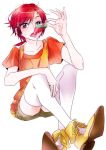  collarbone hair_ornament hairclip hino_akane hot popsicle precure red_eyes red_hair redhead short_shorts short_sleeves shorts simple_background sitting smile_precure! solo sweat thigh-highs thighhighs tima white_legwear zettai_ryouiki 