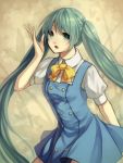 bowtie dress green_eyes green_hair hatsune_miku long_hair looking_at_viewer open_mouth solo twintails very_long_hair vocaloid 