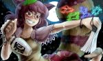  animal_ears bottle brown_hair character_name futatsuiwa_mamizou glasses grin leaf leaf_on_head oso_(toolate) paper pince-nez raccoon_ears raccoon_tail short_hair smile solo tail title_drop touhou 