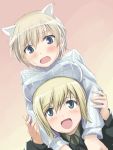  animal_ears blonde_hair blue_eyes blush breast_rest breasts breasts_on_head dutch_angle embarrassed erica_hartmann ferret_ears gradient gradient_background hi-ho- multiple_girls nikka_edvardine_katajainen open_mouth prank short_hair smile strike_witches striped striped_sweater sweater vertical_stripes 