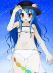  bikini blue_hair blush collarbone contemporary faubynet flat_chest food fruit hat highres hinanawi_tenshi leaf long_hair open_mouth orange_eyes peach solo swimsuit touhou very_long_hair 