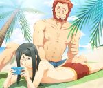  33paradox adult ass bangs beach beard black_hair facial_hair fate/zero fate_(series) green_eyes long_hair lord_el-melloi_ii male multiple_boys parted_bangs playing_games playing_videogames playstation_portable popsicle red_eyes red_hair redhead rider_(fate/zero) sweat swim_trunks time_paradox waver_velvet 