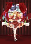  blonde_hair bow capelet crystal curtains flandre_scarlet frills hair_bow hat long_sleeves mary_janes red_eyes ribbon shoes short_hair side_ponytail smile solo thigh_ribbon touhou vampire window wings 