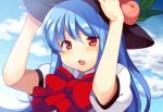  blue_hair blush bow bust face fang food fruit hat hinanawi_tenshi long_hair matatabi_maru open_mouth peach red_eyes solo touhou 