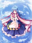  bad_id blue_hair blush cloud clouds frills hinanawi_tenshi long_hair long_skirt no_hat no_headwear open_mouth philomelalilium red_eyes shawl short_sleeves skirt sky smile solo touhou very_long_hair 