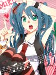  39 aqua_hair arm_up character_name erigamine green_eyes hatsune_miku heart long_hair musical_note open_mouth pantyhose solo striped striped_legwear twintails vocaloid 