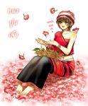  :d artist_name barefoot basket becassine black_eyes black_hair bracelet feet field flower flower_field food fruit grapes jewelry long_skirt midriff navel off_shoulder open_mouth original short_hair sitting skirt smile thai thai_clothes translation_request 