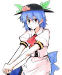  alternate_hair_length alternate_hairstyle blue_hair bow food fruit hat hinanawi_tenshi kiyu_(queue) leaf open_mouth peach red_eyes short_hair short_sleeves simple_background solo touhou 