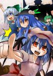  bat_wings blue_eyes blue_hair bow cirno collarbone daiyousei fairy fairy_wings food fruit green_hair hair_bow hat highres hinanawi_tenshi hisou_tensoku ice ice_wings leaf long_hair multiple_girls open_mouth peach pointing red_eyes remilia_scarlet robot short_hair short_sleeves touhou vampire wings zabrou 