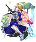  ahoge armor armored_dress blonde_hair butterfly dress excalibur fate/zero fate_(series) gauntlets greaves green_eyes hair_ribbon nekop ribbon saber solo sword touwa_nikuman tree weapon 