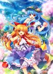  2girls blue_hair bow brown_eyes brown_hair capura_lin chain cherry_blossoms food fruit gourd hair_bow hat highres hinanawi_tenshi horns ibuki_suika long_hair looking_at_viewer multiple_girls nature open_clothes peach petals red_eyes smile touhou wink 