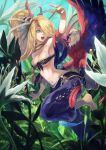 aqua_eyes armpits bandeau barefoot bird blonde_hair blonode_hair blue_eyes breasts cleavage feathers flower front-tie_top hair_over_one_eye harem_pants highres jungle lack long_hair looking_back midriff nature navel o-ring_bottom open_mouth original ponytail solo under_boob underboob 