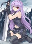  bad_id bare_shoulders belt black_gloves black_legwear boots fingerless_gloves gloves highres kiyoichi long_hair navel original planted_sword planted_weapon purple_hair red_eyes shorts sitting solo sword thigh-highs thighhighs wariza weapon 